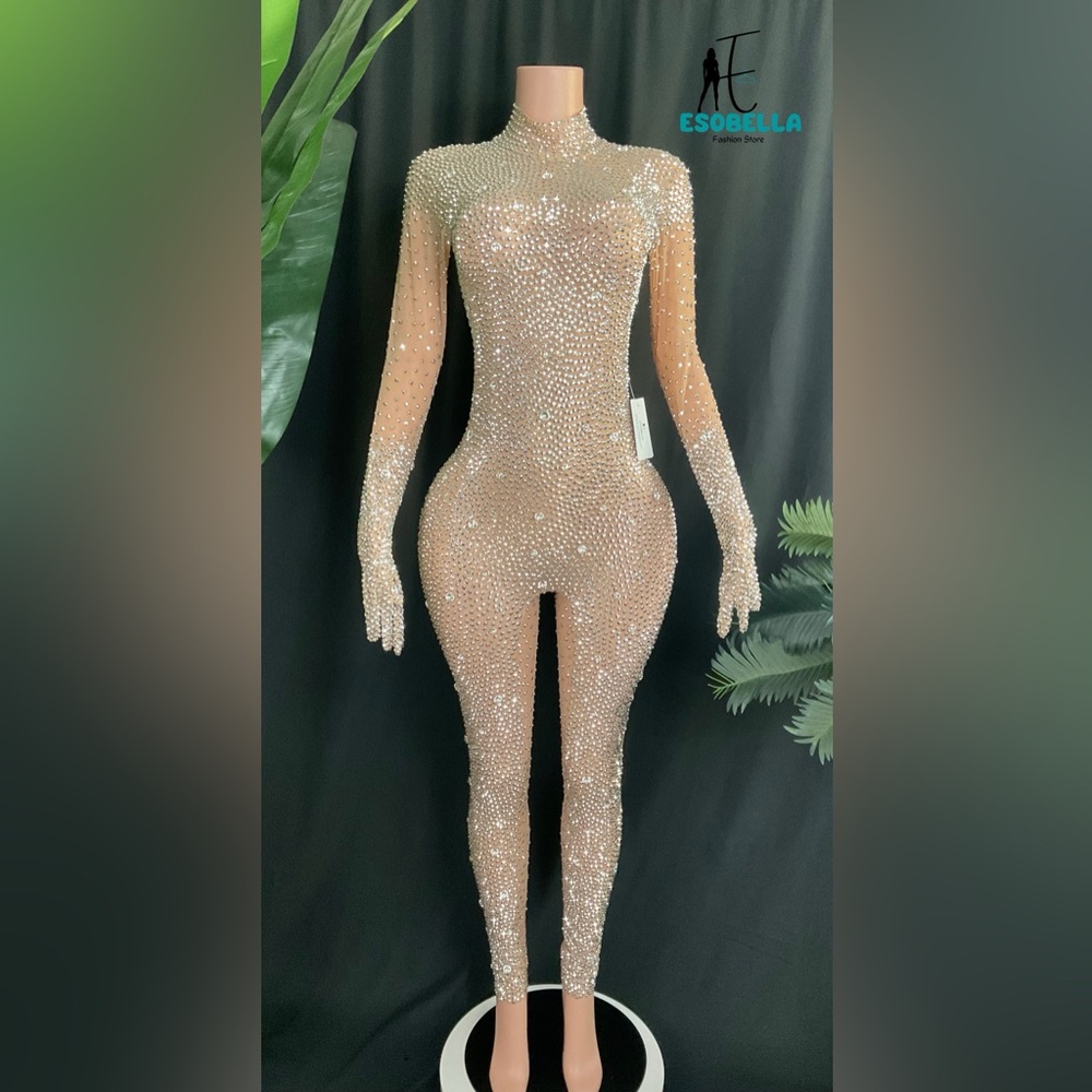Rhinestone Embellished Long Sleeve Jumpsuit with Attached Gloves